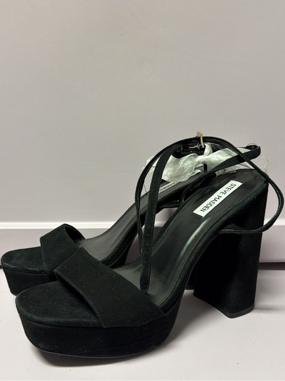 Steve Madden Black Suede Platform Block Heel Sandals with Ankle Tie